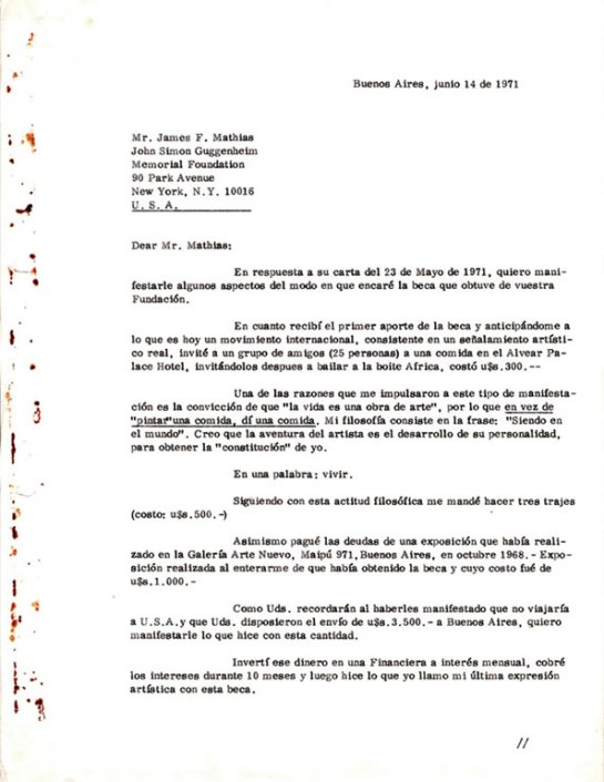 Carta que Federico Manuel Peralta Ramos le escribió a la Guggenheim Foundation en 1971